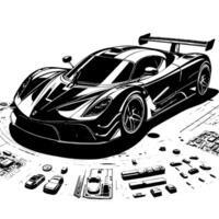 zwart en wit illustratie van een hypercar sport- auto vector