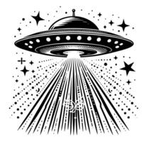 zwart en wit illustratie van een ufo vliegend schotel vector