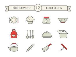 keukengerei gekleurde pictogrammen instellen. keukengerei. vergiet, waterkoker, hakmes, kurkentrekker, deegroller, dekselschaal, dampende kookpot, schort, voedselweegschaal, koksmuts, bord. geïsoleerde vectorillustraties vector