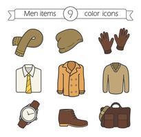 mannen accessoires en kleding kleur iconen set. sjaal, pet, handschoenen, overhemd en stropdas, jas, pullover, polshorloge, laars, tas. geïsoleerde vectorillustraties vector