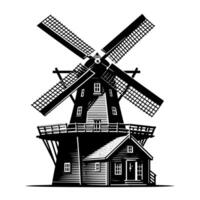 zwart en wit illustratie van een traditioneel oud windmolen in Holland vector