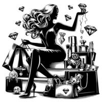 zwart en wit illustratie van een Lucky luxueus boodschappen doen dame met Tassen en diamanten en parfum vector