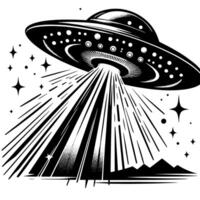 zwart en wit illustratie van een ufo vliegend schotel vector