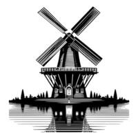 zwart en wit illustratie van een traditioneel oud windmolen in Holland vector