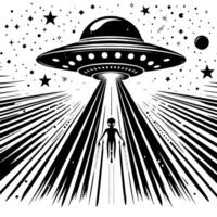 zwart en wit illustratie van een ufo vliegend schotel vector