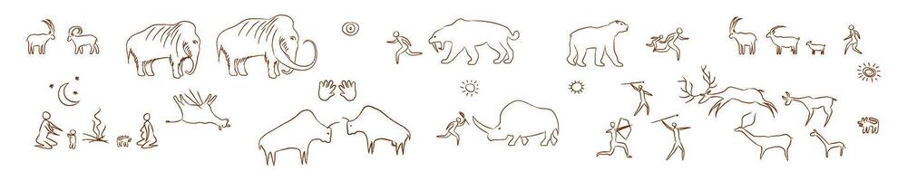 oude prehistorisch rots schilderijen schets. grot contour schilderijen van primitief mensen jacht- mammoeten en neushoorn maken cromagn Dames kampvuren en en grazen geiten. vector