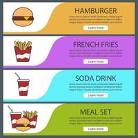 fastfood banner sjablonen instellen. gemakkelijk te bewerken. hamburger, frietjes, frisdrank, fastfood maaltijdset. menu-items van de website. kleur webbanner. ontwerpconcepten voor vectorkoppen vector