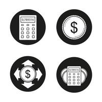 bank- en financiële pictogrammen instellen. rekenmachine, Amerikaanse dollarmunt, gelduitgaven, inkomensberekeningen. vector witte silhouetten illustraties in zwarte cirkels