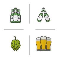 bier gekleurde pictogrammen instellen. hopbellen, bierflesjes en glazen. geïsoleerde vectorillustraties vector