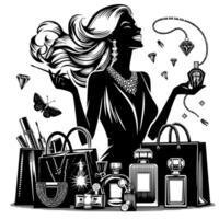 zwart en wit illustratie van een Lucky luxueus boodschappen doen dame met Tassen en diamanten en parfum vector
