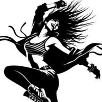 zwart en wit illustratie van een punk- vrouw is dansen en beven in een geslaagd houding vector