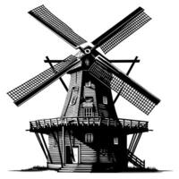 zwart en wit illustratie van een traditioneel oud windmolen in Holland vector