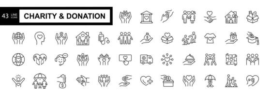 liefdadigheid en bijdrage icoon set. helpen, vrijwilliger, gedoneerd, bijstand, sharing en solidariteit symbool. vector