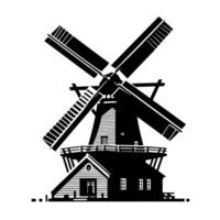 zwart en wit illustratie van een traditioneel oud windmolen in Holland vector