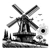 zwart en wit illustratie van een traditioneel oud windmolen in Holland vector