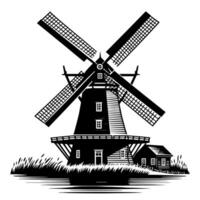 zwart en wit illustratie van een traditioneel oud windmolen in Holland vector