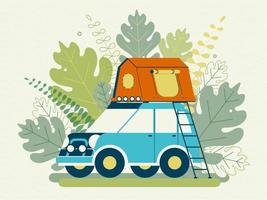 zomer kamperen. tent op het dak van de auto. plat ontwerp. voorraad vectorillustratie. vector