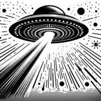 zwart en wit illustratie van een ufo vliegend schotel vector