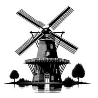 zwart en wit illustratie van een traditioneel oud windmolen in Holland vector