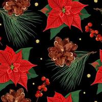 naadloze kerst patroon met rode kerst bloem poinsettia, bessen, gouden confetti, dennenappel en takken. realistische botanische illustratie. voorraad vectorillustratie op zwarte achtergrond. vector