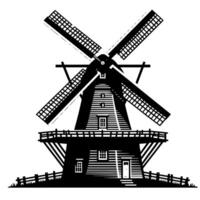 zwart en wit illustratie van een traditioneel oud windmolen in Holland vector