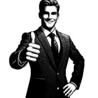 zwart en wit illustratie van een Mens in bedrijf pak is tonen de duimen omhoog teken vector