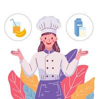 vrouw professioneel chef vergelijken melk en banaan sap, Gezondheid, levensstijl, routine, geïsoleerd Aan wit achtergrond vector