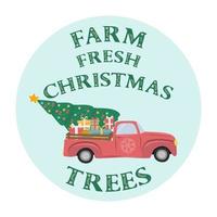 boerderij verse kerstbomen, vectorillustratie. kerstboom in rode vrachtwagen. vector