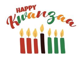 happy kwanzaa - banner met kleurrijke scriptletters en met de hand getekende eenvoudige kinara-kaarsen. afro-amerikaanse erfgoed viering festival wenskaart vector