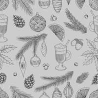 vintage kerst vectorillustratie. naadloos patroon met handgetekende kegels, kerstboom, kerstbal. vector