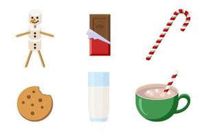 collectie kerstsnacks. chocolade, koekje, cacao, marshmallow-sneeuwman, glas melk en kerstsnoep. wintervakantie iconen set voor begroeting en uitnodiging ontwerp en decoratie vector