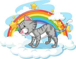 schattige kat op de wolk met regenboog vector