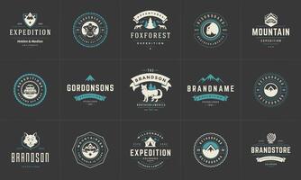 camping logos en badges Sjablonen ontwerp elementen en silhouetten reeks vector