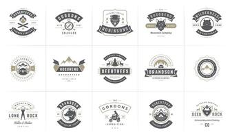 camping logos en badges Sjablonen ontwerp elementen en silhouetten reeks vector