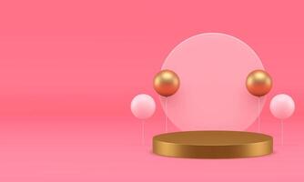 roze luxe 3d podium voetstuk met lucht ballon bespotten omhoog voor kunstmatig Product tonen realistisch vector