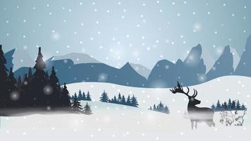 winterlandschap met hoge bergen aan de horizon, dennen, bos, vallende sneeuw en silhouet van herten