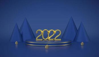 gelukkig nieuw 2022 jaar. 3D-gouden metalen nummers 2022 op blauw podium podium. scène, 3d rond platform met ballen en kegelvormige pijnbomen of sparren op blauwe achtergrond. banner, vakantiesjabloon. vector. vector