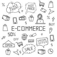 e-commerce elementen doodle set, geïsoleerd op een witte achtergrond. vector illustratie