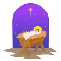 kleine baby jezus op de kribbe en kerstster vector
