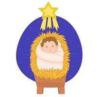 kleine baby jezus op de kribbe, kijkend naar de ster, kersttafereel. vector