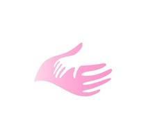 kind hand in moeder hand vector pictogram. kinderarts abstracte logo sjabloon. plat zacht roze palm silhouet, abstract symbool. geïsoleerde vectorillustratie op witte achtergrond.