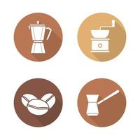 koffiezetapparatuur plat ontwerp lange schaduw iconen set. mokapot, klassiek koffiezetapparaat, turkse cezve, molen en bonen. vector silhouet illustratie