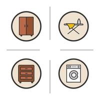 meubels kleur pictogrammen instellen. wasmachine, dressoir, kledingkast en strijkplank. geïsoleerde vectorillustraties vector