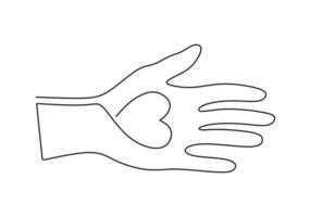 hand met liefdeshart een lijntekening, symbool van zorg en hulp. vector
