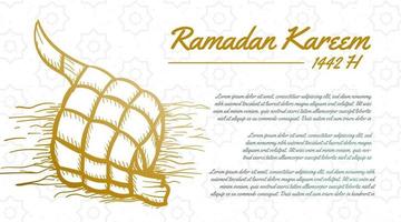 hand getrokken schets van ramadan concept met ramadan kalligrafie tekst, ketupat of diamant voedsel. banner of wenskaart vector