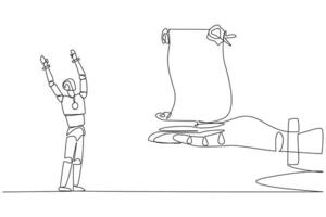 doorlopend een lijn tekening robot was opgewonden naar krijgen rollen van gestempeld papier van de reusachtig hand. vertalen oude geschriften. op zoek voor historisch plaatsen. single lijn trek ontwerp illustratie vector