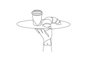 doorlopend een lijn tekening de ober houdt een voedsel dienblad portie croissants en papier koffie beker. inbegrepen in de droog taart categorie. typisch Frans gebakje. single lijn trek ontwerp illustratie vector