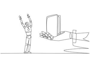 doorlopend een lijn tekening robot was opgewonden naar krijgen een portemonnee van de reusachtig hand. een compact plaats naar op te slaan belangrijk dingen. toekomst technologie concept. single lijn trek ontwerp illustratie vector