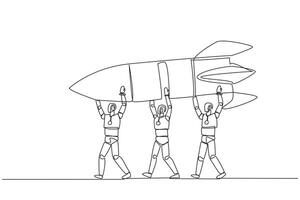 single doorlopend lijn tekening een groep van robots werk samen draag- een raket. nieuw Afdeling. beheerd betrouwbaar door de slimste robotten. winst. toekomst technologie. een lijn ontwerp illustratie vector