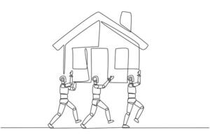 single een lijn tekening groep van robots werk samen draag- een miniatuur huis. architect robot. ontwerp en bouwen een huis. dubbele winst. technologie. doorlopend lijn ontwerp grafisch illustratie vector